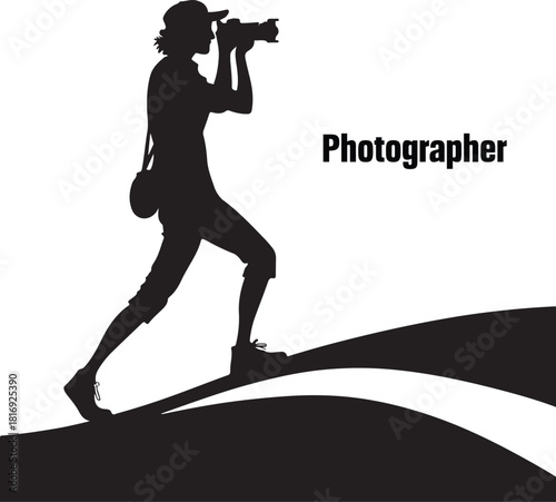Silhouette of a photographer with a camera and bag walking on a curved path Keywords: silhouette, photographer, camera, photography, person, walking, bag, strap, cap, outdoor, action, pursuit
