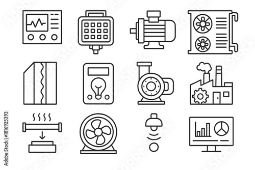 Industrial Efficiency Icons. Industrial Efficiency Technologies linear icon set. automated control panel, LED floodlight, variable speed motor, heat recovery unit, factory