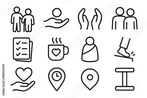 Caregiver Support Icons. Caregiving & Support Set linear icon set: caregiver silhouette, elder icon, nurturing hand, comfort symbol, daily care sheet, wellness cup, cozy wrap, safe