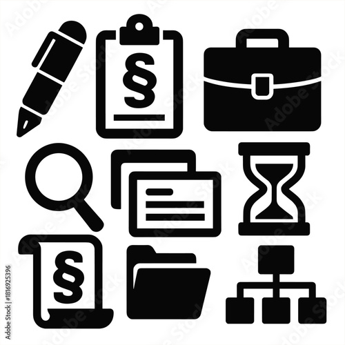 Brutalist Justice Icons. Justice Tools silhouette icon set: legal pen, document clip, briefcase, hourglass, magnifier, note card, rule scroll, organization tab
