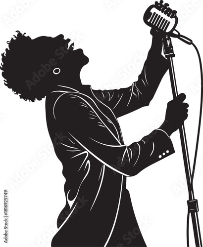 Silhouette of a singer with curly hair singing into a vintage microphone woman