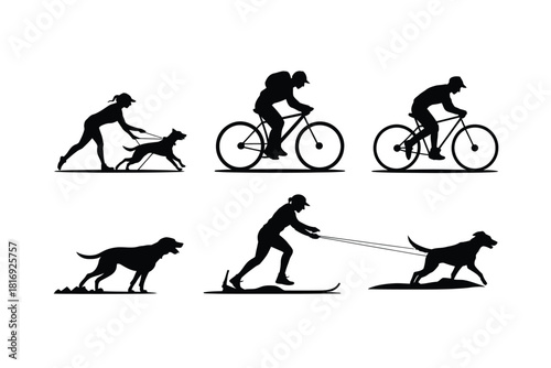 Silhouettes of people and dogs engaged in outdoor activities