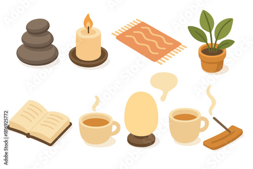 Zen Space Icons. Tranquil space flat icon set : zen stone stack, candlelight, cozy rug, potted plant, soft glow lamp, open book, calm cup, incense wisp