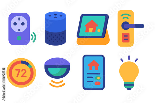 Smart Home Icons. Home IoT Devices flat icons set. smart plug, voice assistant, home hub, door lock, climate control, motion sensor, app dashboard, lighting system