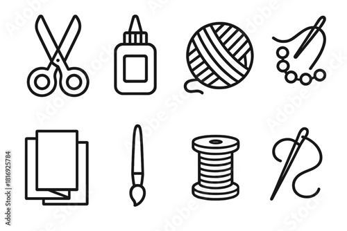 Craft Tools Icons. Craft Workshop linear icon set. scissors, glue, yarn ball, beads, needle, paper, paintbrush, thread spool