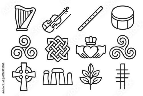 Celtic Symbols and Instruments. Celtic music and symbols linear icon set: harp, fiddle, flute, drum, triskelion, knot pattern, claddagh, spiral, Celtic cross, stone circle, leaf
