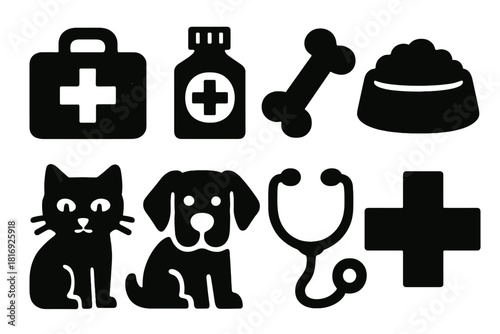 Bold Animal Health Icons. Animal Health Set silhouette icon set. vet bag, medicine, bone, food bowl, cat, dog, stethoscope, cross.