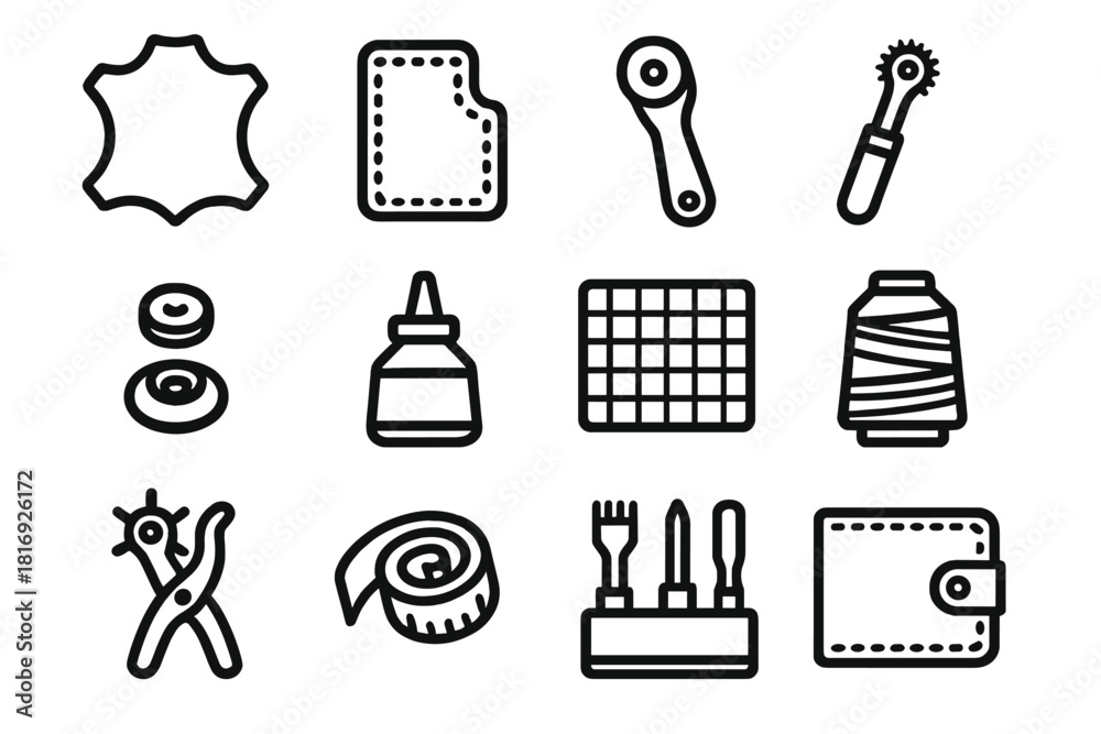 Fototapeta premium Leathercraft Tools and Creations. Handmade Leatherwork linear icon set: leather sheet, pattern template, rotary cutter, stitching wheel, snap button, glue pot, cutting mat, thread