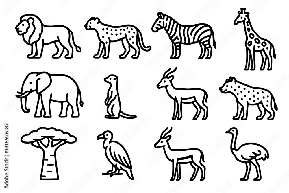 Obraz premium Savanna Wildlife Icons. Savanna wildlife linear icon set. lion, cheetah, zebra, giraffe, elephant, meerkat, antelope, hyena, ostrich, baobab tree, vulture, gazelle