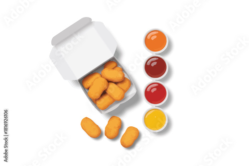 Crispy chicken nuggets with variety of dipping sauces on white background