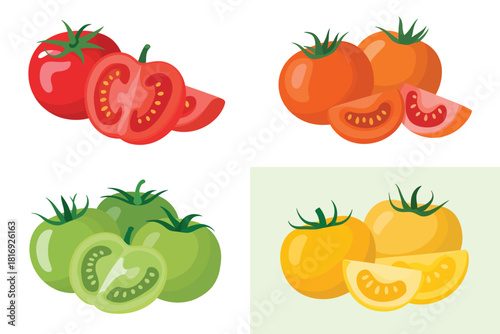 Collection of fresh red orange green and yellow tomatoes and slices