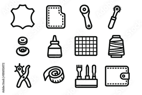 Leathercraft Tools and Creations. Handmade Leatherwork linear icon set: leather sheet, pattern template, rotary cutter, stitching wheel, snap button, glue pot, cutting mat, thread