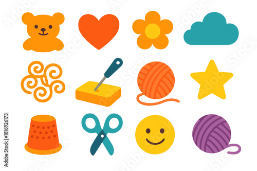 Colorful Felting Icons. Creative felting flat icon set: animal figure, heart shape, flower, cloud, wool, needle, foam pad, yarn, star, thimble, scissors, smile