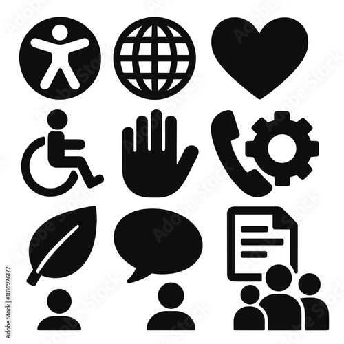 Inclusive Icon Set. Inclusive design silhouette icon set. accessibility icon, globe, heart, smile face, wheelchair, hand, phone, gear, leaf, speech bubble, document, user group