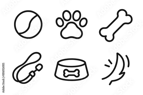 Pet Icons Collection. Happy Pets linear icon set: ball, paw print, bone, leash, bowl, tail wag