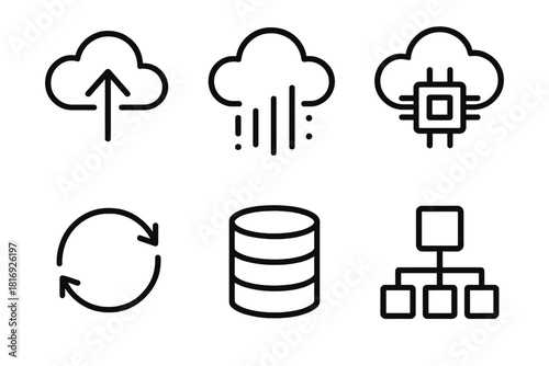 Cloud Data Workflow. Cloud Data Flow linear icon set: cloud upload, streaming data, API connection, synchronization arrows, storage node, distributed system