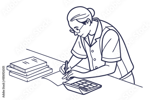 Accountant with Calculator and Documents Minimalist Line Art
