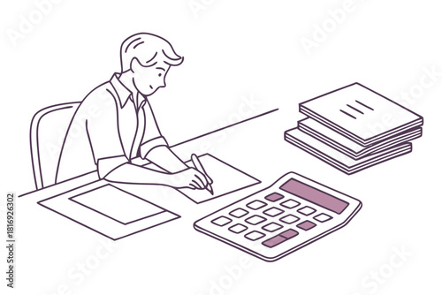 Bookkeeper Accountant Working with Documents Line Drawing Vector