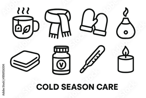 Cozy Cold Remedies. Cold Season Care linear icon set. herbal tea, scarf, mittens, humidifier, blanket, vitamin bottle, thermometer, candle
