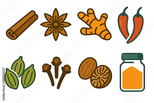Vibrant Spice Icons. Exotic Spices Set flat icon set: cinnamon sticks, star anise, turmeric root, chili peppers, cardamom pods, cloves, nutmeg, spice jar