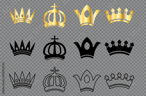 Set of gold and black crown icons on transparent background.