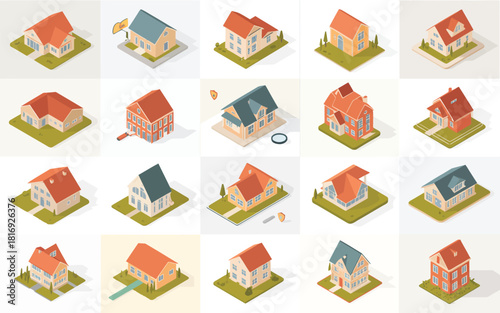 Collection of diverse isometric houses and cottages in a grid layout