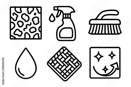 Natural Surface Care Icons. Natural Surface Care linear icon set: cork panel, mineral-safe spray, soft bristle brush, woven cloth, water droplet, refreshed surface