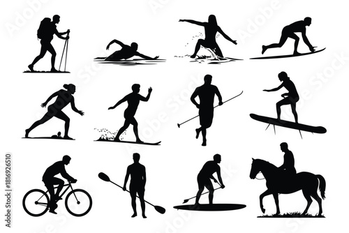 Collection of silhouettes representing diverse outdoor sports and activities
