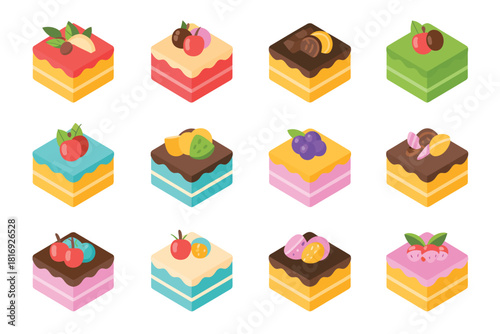 Collection of colorful isometric layered cakes with fruit and chocolate toppings