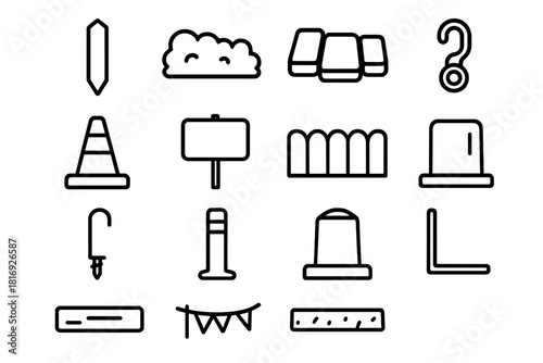 Landscape Boundary Icons. Landscape Boundary Symbols linear icon set: perimeter stake, hedge divider icon, path edging tile, boundary rope clip, marker cone, boundary signboard
