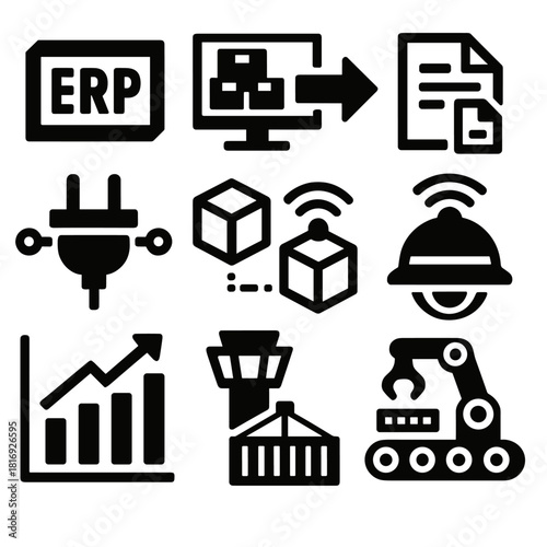 Supply Chain Icons. Supply Chain Technology Icons silhouette icon set: ERP block, WMS screen, TMS arrow, EDI file, API connector, digital twin model, IoT sensor, RFID tag