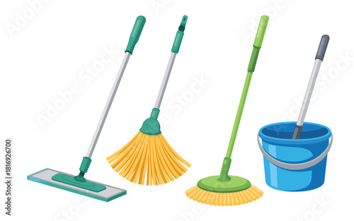 Collection of cleaning tools including mops buckets and broom