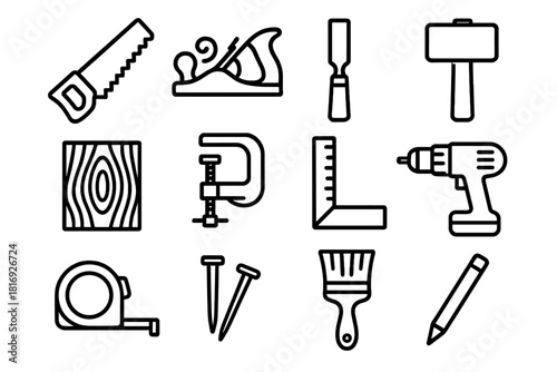 Woodworking Tools Icons. Handmade Woodwork linear icon set. saw, plane, chisel, mallet, wood grain, clamp, ruler, drill, tape measure, nails, brush, pencil