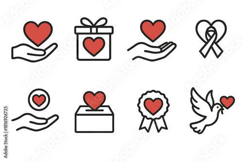 Heartfelt Charity Symbols. Charity and help concept linear icon set: heart in hand, heart in gift box, heart in open palm, heart in ribbon, heart in coin, heart in donation box