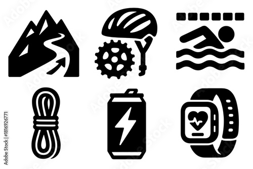 Brutalist Athletic Icons. Outdoor Athletics silhouette icon set: mountain trail, cycling gear, swimming lane, climbing rope, energy drink, fitness tracker