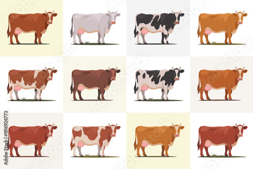 Collection of diverse cow breeds in a grid pattern with light backgrounds