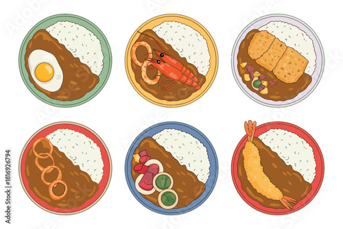 Six different japanese curry rice dishes with various toppings
