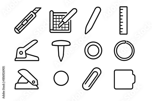 Craft Tool Icons. Minimalist tools and fasteners linear icon set: craft knife, paper trimmer, bone folder, ruler, hole punch, brad, eyelet, binder ring, foam adhesive dot, corner