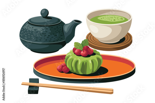 Japanese matcha tea ceremony set with wagashi dessert and chopsticks