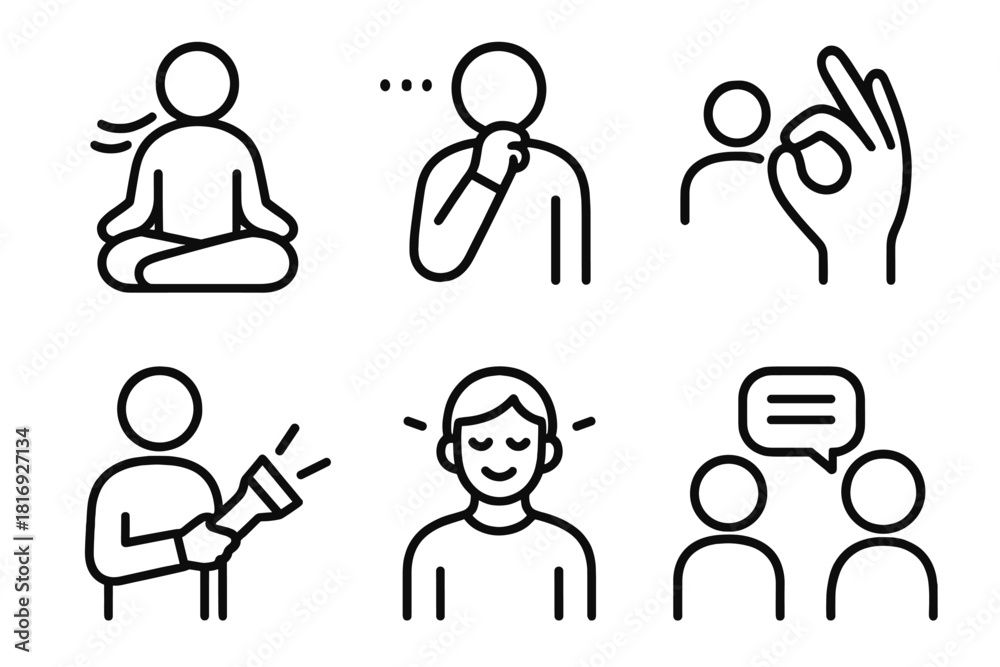Obraz premium Mindful Communication Icons. Mindful Communication Signals linear icon set: grounding breath, thoughtful pause, open circle gesture, guiding light, warm expression, aligned chat