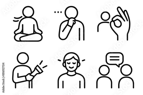Mindful Communication Icons. Mindful Communication Signals linear icon set: grounding breath, thoughtful pause, open circle gesture, guiding light, warm expression, aligned chat