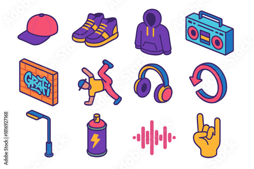 Hip-Hop Icon Set. Hip-Hop Dance flat icons set. cap, sneakers, hoodie, boom box, graffiti wall, breakdancer, headphones, spin arrow, street light, spray can, beat wave, hand