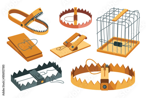 Collection of animal traps and a cage for catching wildlife