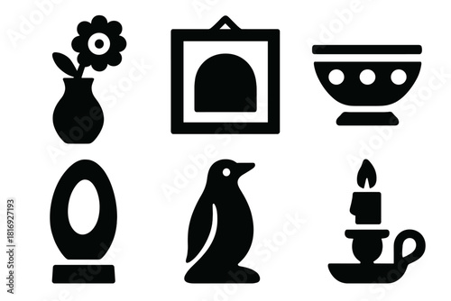 Bold Home Decor Icons. Home Ornaments silhouette icon set. flower vase, wall art, decorative bowl, table sculpture, glass figurine, candle holder.