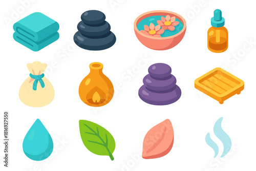 Spa Icon Collection. Spa and relaxation flat icon set: towel, hot stones, flower bowl, massage oil, herbal sachet, diffuser, zen pebble stack, bamboo tray, water drop, leaf, flower