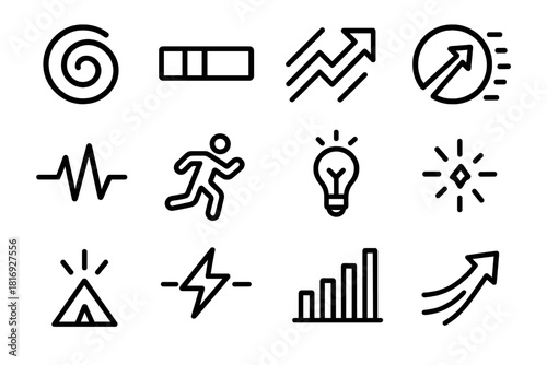 Dynamic Motivation Icons. Dynamic Motivation Icons linear icon set: motion swirl, determination bar, momentum arrow, driving force symbol, effort pulse, inspired stride, clarity