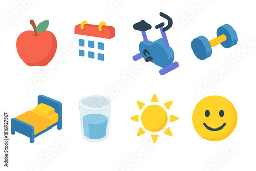 Balanced Living Icons. Balanced Living flat icons set. fruit, calendar, exercise bike, dumbbell, bed, water glass, sun, smiley face