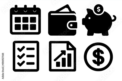 Brutalist Financial Icons. Personal financial planning silhouette icon set. calendar, wallet, piggy bank, checklist, document chart, dollar coin.