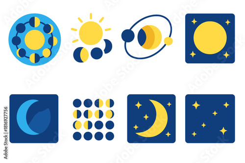 Isometric Moon Phases. Celestial Moon Phases flat icons set. moon chart, sun alignment, orbit line, star field, moon glow, shadowed crescent, lunar calendar, night sky