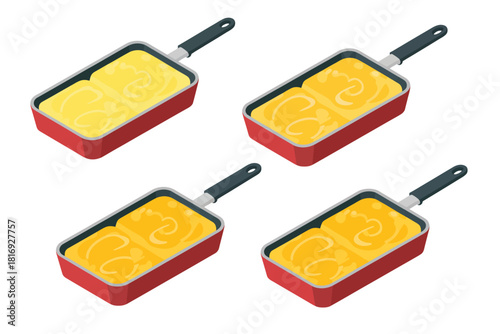 Four isometric tamagoyaki pans with cooked egg layers